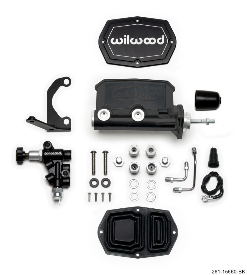 Wilwood Compact Tandem M/C - 15/16in Bore w/RH Bracket and Valve (Pushrod) - Black Wilwood