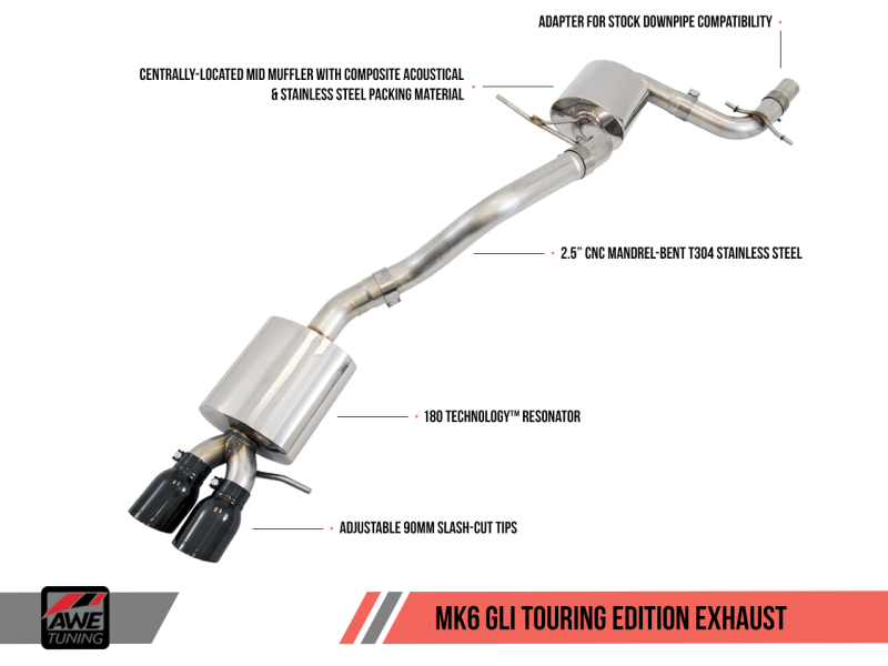 AWE Tuning Mk6 GLI 2.0T - Mk6 Jetta 1.8T Touring Edition Exhaust - Polished Silver Tips - eliteracefab.com