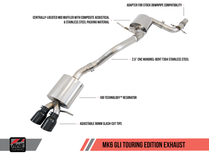 AWE Tuning Mk6 GLI 2.0T - Mk6 Jetta 1.8T Touring Edition Exhaust - Diamond Black Tips - eliteracefab.com