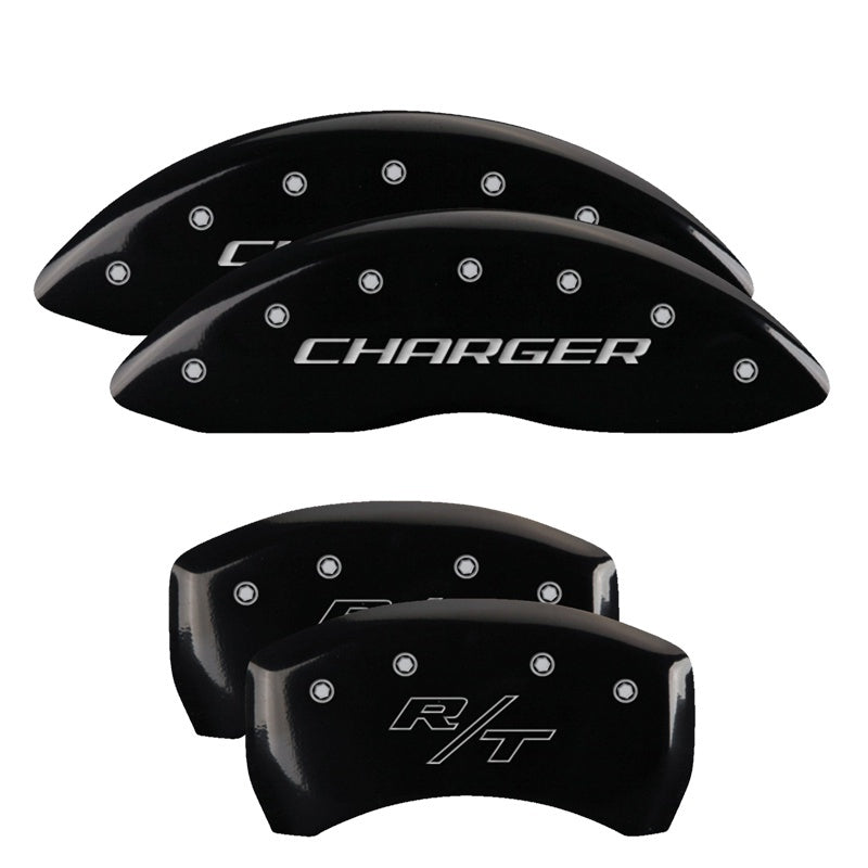 MGP 4 Caliper Covers Engraved Front Charger Engraved Rear RT Black finish silver ch MGP