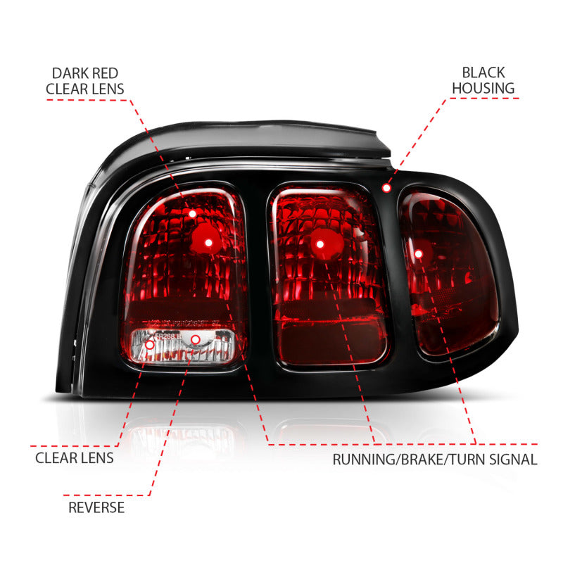 ANZO 1994-1998 Ford Mustang Taillight Dark Red Lens (OE Style) - eliteracefab.com