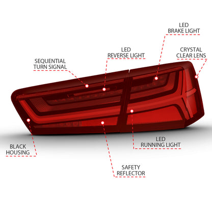 ANZO 2012-2018 Audi A6 LED Taillight Black Housing Red/Clear Lens 4 pcs (Sequential Signal) - eliteracefab.com