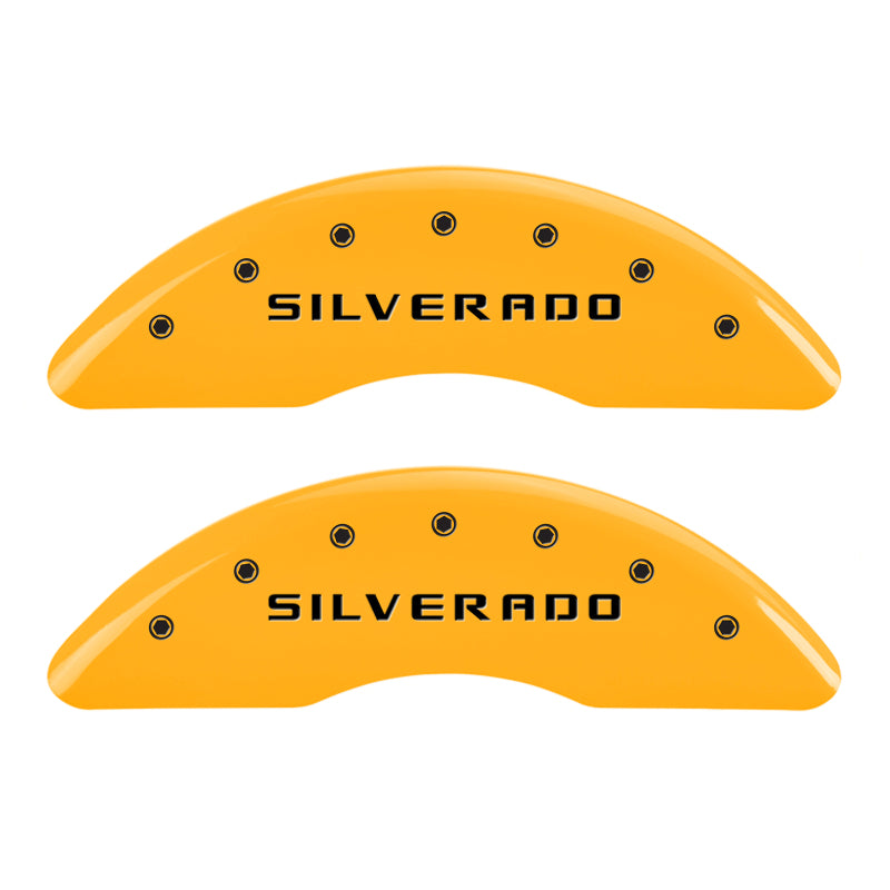 MGP 4 Caliper Covers Engraved Front & Rear Silverado Yellow finish black ch MGP