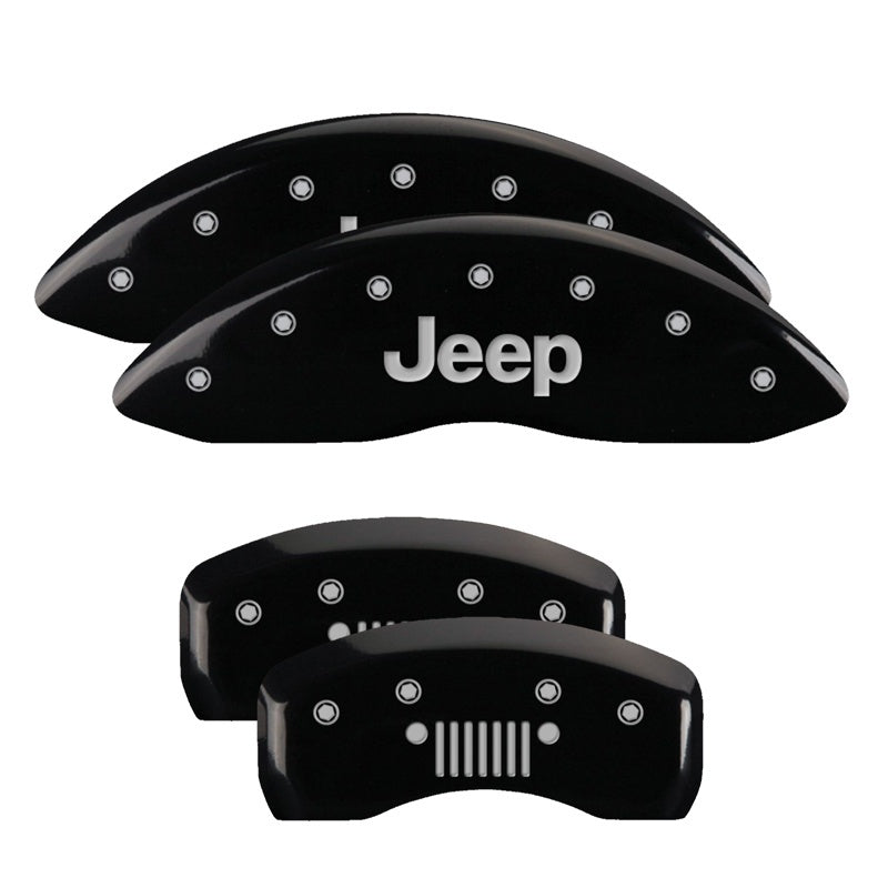 MGP 4 Caliper Covers Engraved Front JEEP Engraved Rear JEEP Grill logo Black finish silver ch