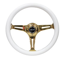 Load image into Gallery viewer, NRG Classic Wood Grain Steering Wheel 350mm Chrome Gold 3-Spokes White Grip - eliteracefab.com