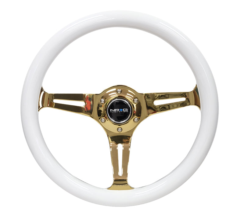 NRG Classic Wood Grain Steering Wheel 350mm Chrome Gold 3-Spokes White Grip - eliteracefab.com