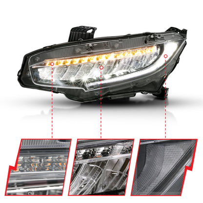 ANZO 16-17 Honda Civic Projector Headlights Plank Style Black w/Amber/Sequential Turn Signal - eliteracefab.com