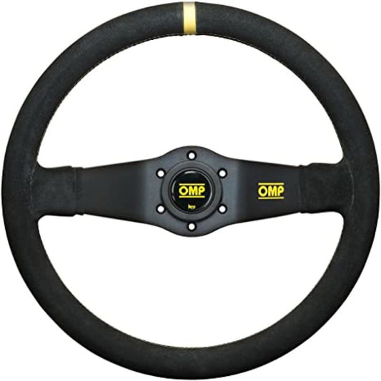 OMP Rally 350mm 95mm Deep-Dish Suede Steering Wheel - Black with black/yellow stitching – OD0-1951-071