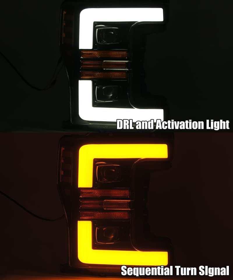 AlphaRex 17-19 Ford F-250 SD PRO-Series Proj Headlights Plank Style Black w/Activ Light/Seq Signal - eliteracefab.com