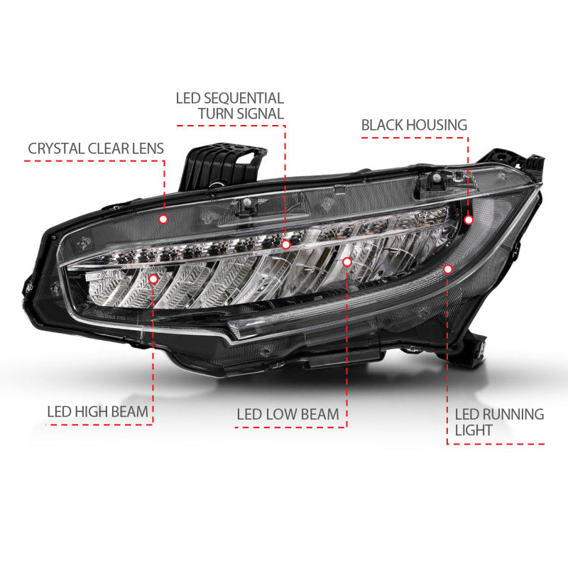 ANZO 16-17 Honda Civic Projector Headlights Plank Style Black w/Amber/Sequential Turn Signal - eliteracefab.com