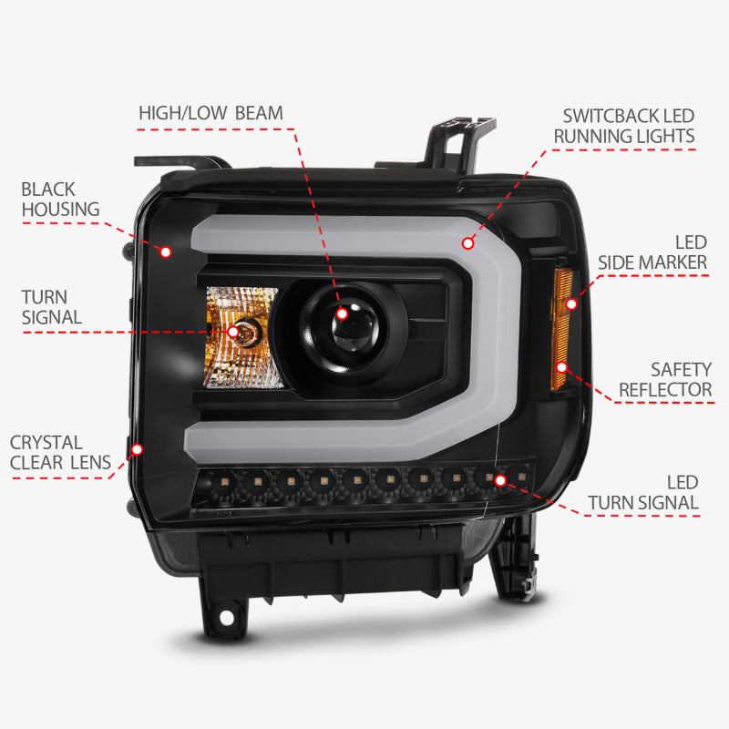 ANZO 2014-2015 Gmc Sierra 1500 Projector Headlight Plank Style Black w/ Switchback (Halogen Type) - eliteracefab.com