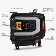 ANZO 2014-2015 Gmc Sierra 1500 Projector Headlight Plank Style Black w/ Switchback (Halogen Type) - eliteracefab.com