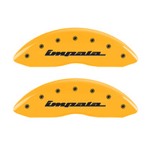 Load image into Gallery viewer, MGP 4 Caliper Covers Engraved Front &amp; Rear Impala Yellow finish black ch MGP