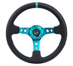 NRG Reinforce Steering Wheel (350mm / 3in. Deep) Blk Leather, Teal Center Mark w/ Teal Stitching - eliteracefab.com