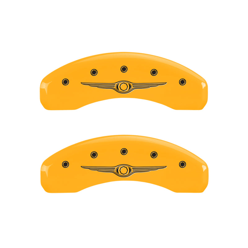 MGP 4 Caliper Covers Engraved Front & Rear Style 1/Chrysler Wing Yellow finish black ch MGP