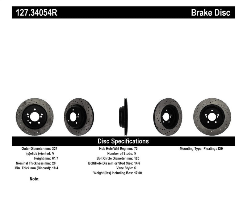 STOPTECH 00-03 BMW M5 (E39) SLOTTED & DRILLED RIGHT REAR ROTOR, 127.34054R - eliteracefab.com