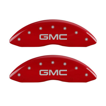 MGP 4 Caliper Covers Engraved Front & Rear GMC Red finish silver ch - eliteracefab.com