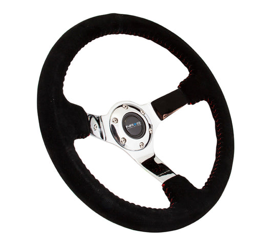 NRG Innovations 350mm Reinforced Solid-Spoke Steering Wheel - Suede - Chrome Spokes - Red Baseball Stitch – RST-036CH-S