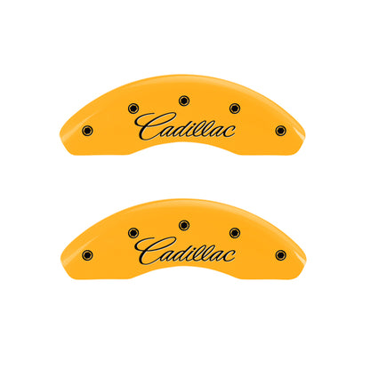 MGP 4 Caliper Covers Engraved Front & Rear Cursive/Cadillac Yellow finish black ch MGP