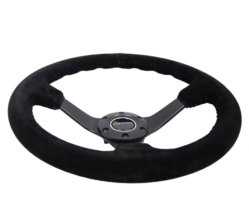 NRG Reinforced Sport Steering Wheel 350mm 3 Inch Deep 5mm Matte Black Spoke Black Suede Black Baseball Stitching - eliteracefab.com