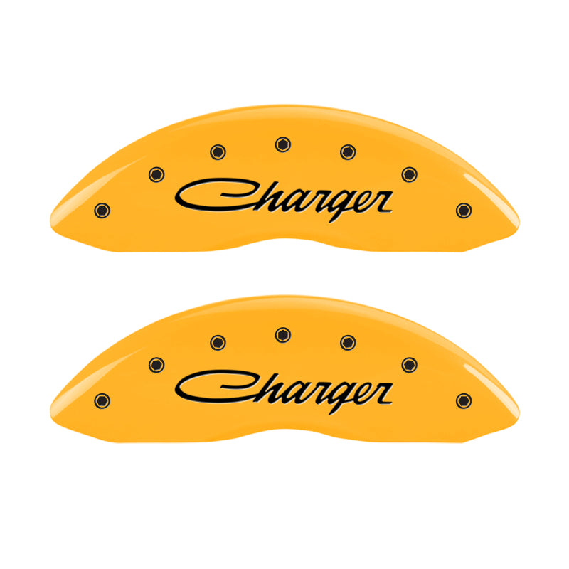 MGP 4 Caliper Covers Engraved Front & Rear 05-10 Dodge Charger R/T Yellow Finish Black Cursive Logo MGP