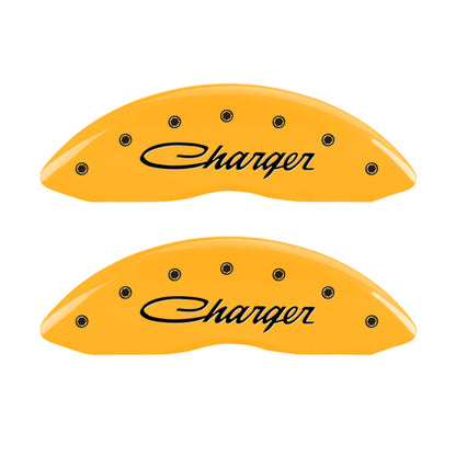 MGP 4 Caliper Covers Engraved Front & Rear 05-10 Dodge Charger R/T Yellow Finish Black Cursive Logo MGP