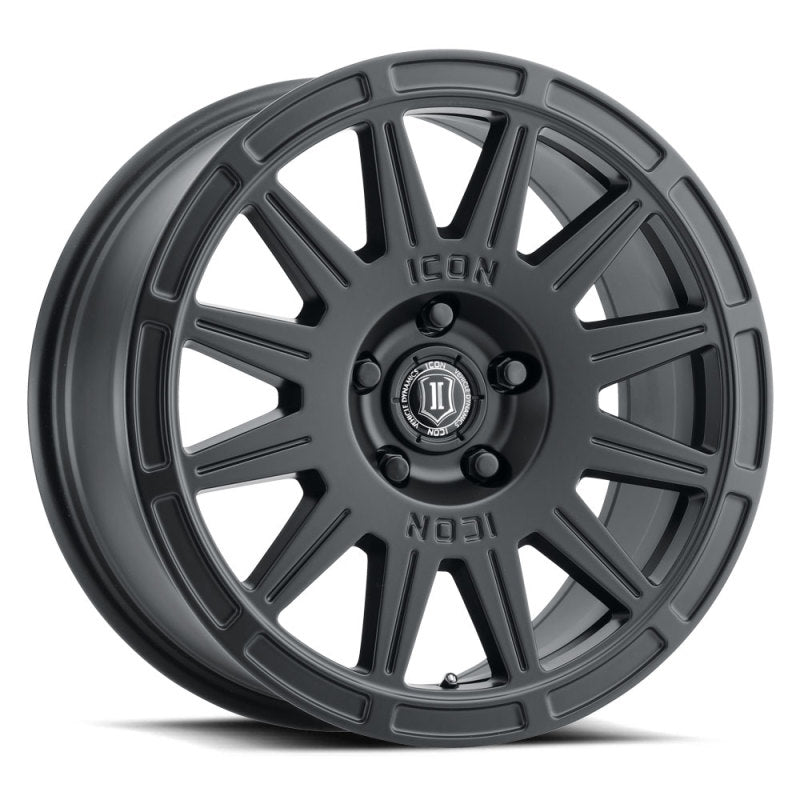 ICON Ricochet 17x8 5x4.5 38mm Offset 6in BS Satin Black Wheel - eliteracefab.com