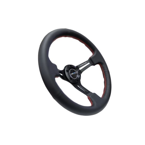 NRG Reinforced Sport Steering Wheel 350mm 3 Inch Deep Black Leather Black Stitching - eliteracefab.com