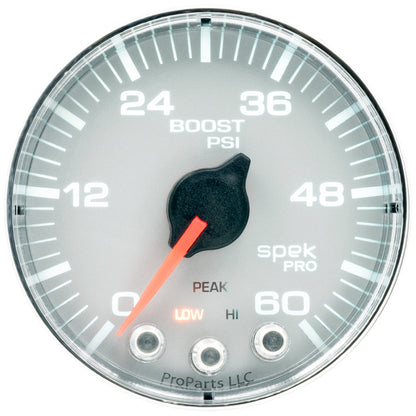 Autometer Spek-Pro Gauge Boost 2 1/16in 60psi Stepper Motor W/Peak & Warn Slvr/Chrm P304218