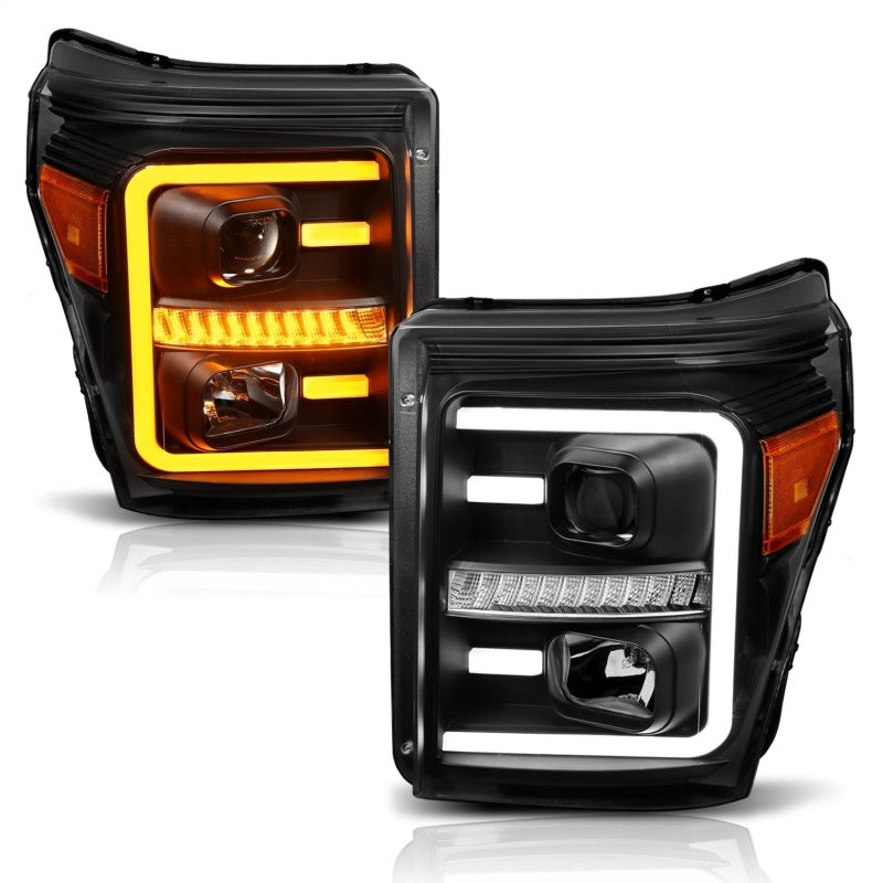 ANZO 2011-2016 Ford F250 Projector Headlights w/ Plank Style Switchback Black w/ Amber - eliteracefab.com