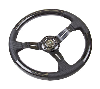 NRG Carbon Fiber Steering Wheel (350mm / 1.5in. Deep) Leather Trim w/Blk Stitch & Slit Cutout Spokes - ST-010CFBS
