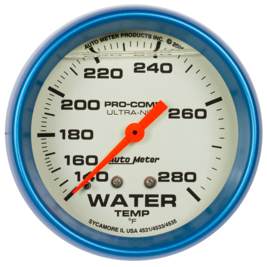 Autometer Ultra-Nite 2-5/8in 140-280 Degree Liquid Filled Mechanical Glow In Dark Water Temp Gauge 4231