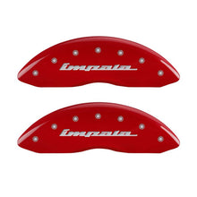 Load image into Gallery viewer, MGP 4 Caliper Covers Engraved Front &amp; Rear Impala Red finish silver ch MGP