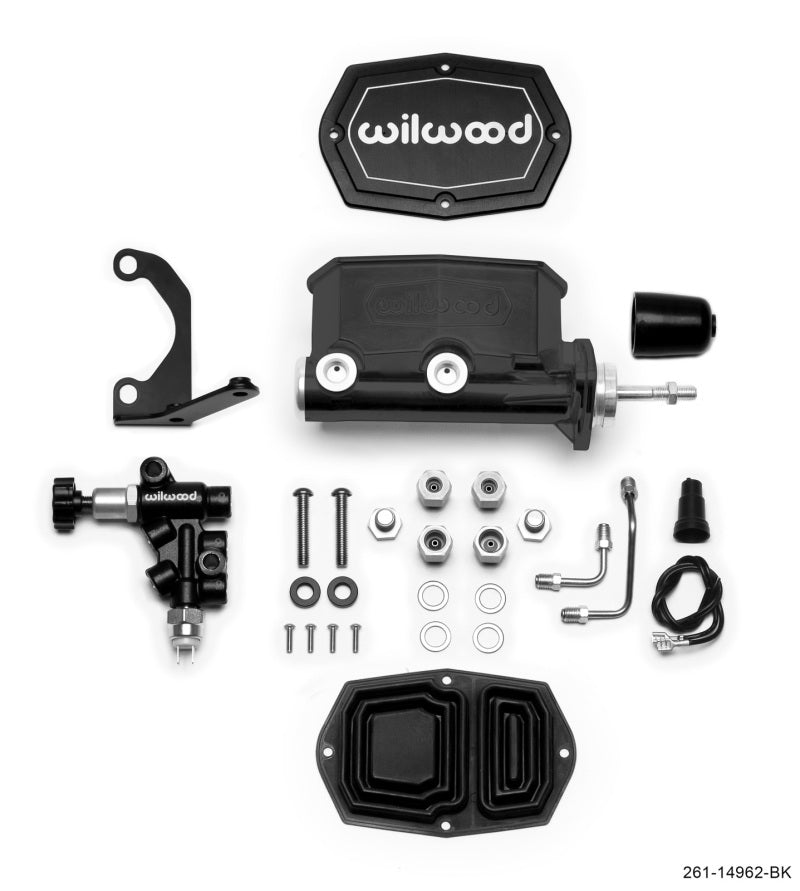 Wilwood Compact Tandem M/C - 15/16in Bore - w/Bracket and Valve (Pushrod) - Black Wilwood