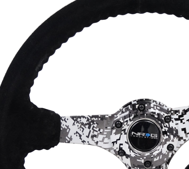 NRG Reinforced Sport Steering Wheel 350mm 3 Inch Deep Hydro Dipped Digital Camo 5mm spoke Black Suede Black Baseball Stitching - eliteracefab.com