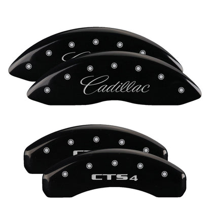 MGP 4 Caliper Covers Engraved Front Cursive/Cadillac Engraved Rear STS Black finish silver ch MGP