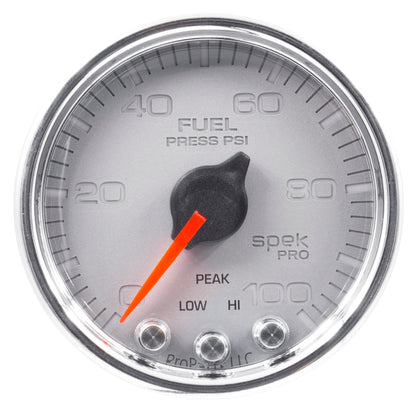 Autometer Spek-Pro Gauge Fuel Press 2 1/16in 100psi Stepper Motor W/Peak & Warn Slvr/Chrm P31421