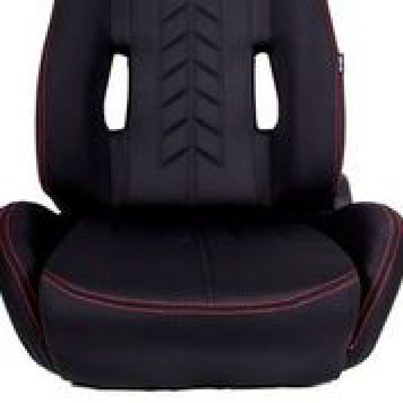 NRG Sport Seats (Pair) Cloth w/NRG Logo & NRG Arrow Cushion Imprint - Black w/Red Stitch - RSC-800L/R