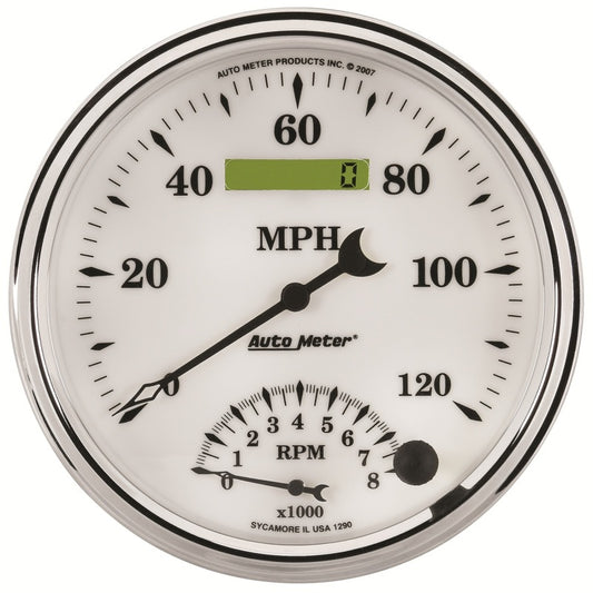 AutoMeter Gauge Tach/Speedo 5in. 120MPH & 8K RPM Elec. Program Old Tyme White II 1290