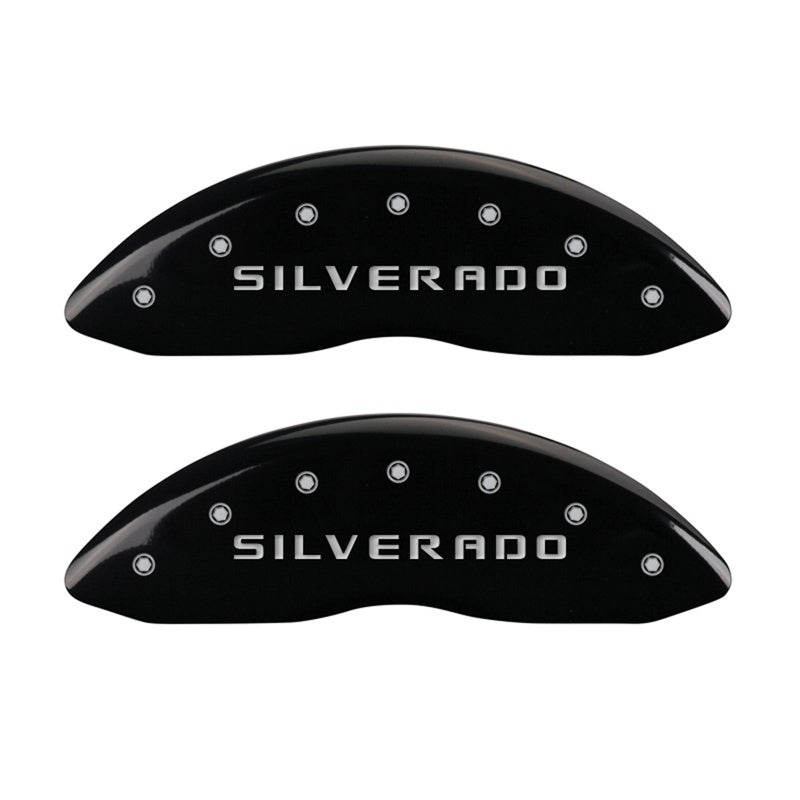 MGP Front set 2 Caliper Covers Engraved Front Silverado Black finish silver ch MGP