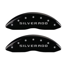 Load image into Gallery viewer, MGP Front set 2 Caliper Covers Engraved Front Silverado Black finish silver ch MGP