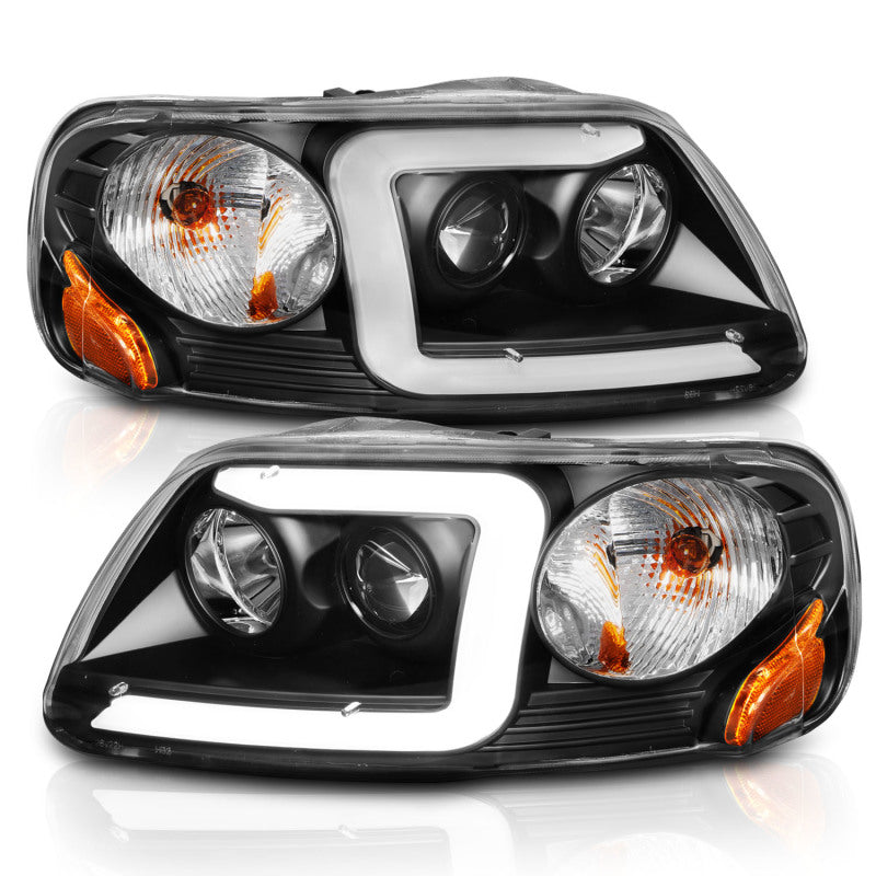 ANZO 1997-2003 Ford F-150 Projector Headlights w/ Light Bar Black Housing - eliteracefab.com