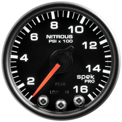 Autometer Spek-Pro Gauge Nitrous Press 2 1/16in 1600psi Stepper Motor W/Peak & Warn Blk/Blk P32032