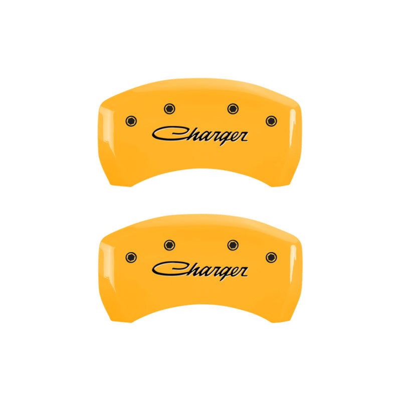 MGP 4 Caliper Covers Engraved Front & Rear 05-10 Dodge Charger R/T Yellow Finish Black Cursive Logo MGP