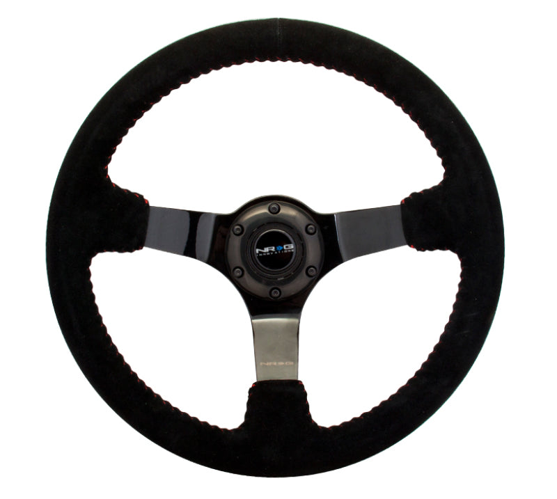 NRG Reinforced Sport Steering Wheel 350mm 3 Inch Deep black Suede with red Baseball Stitching Black Spoke - eliteracefab.com
