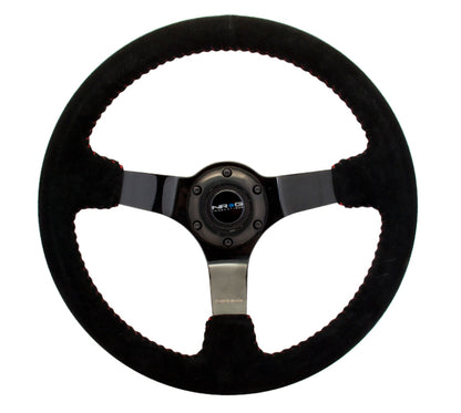 NRG Reinforced Sport Steering Wheel 350mm 3 Inch Deep black Suede with red Baseball Stitching Black Spoke - eliteracefab.com