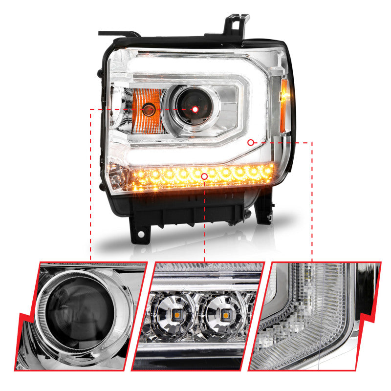 ANZO 2014-2015 Gmc Sierra 1500 Projector Headlights w/ Light Bar Chrome Housing (Halogen Type) - eliteracefab.com