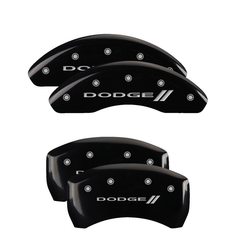 MGP 4 Caliper Covers Engraved Front & Rear With stripes/Dodge Black finish silver ch MGP