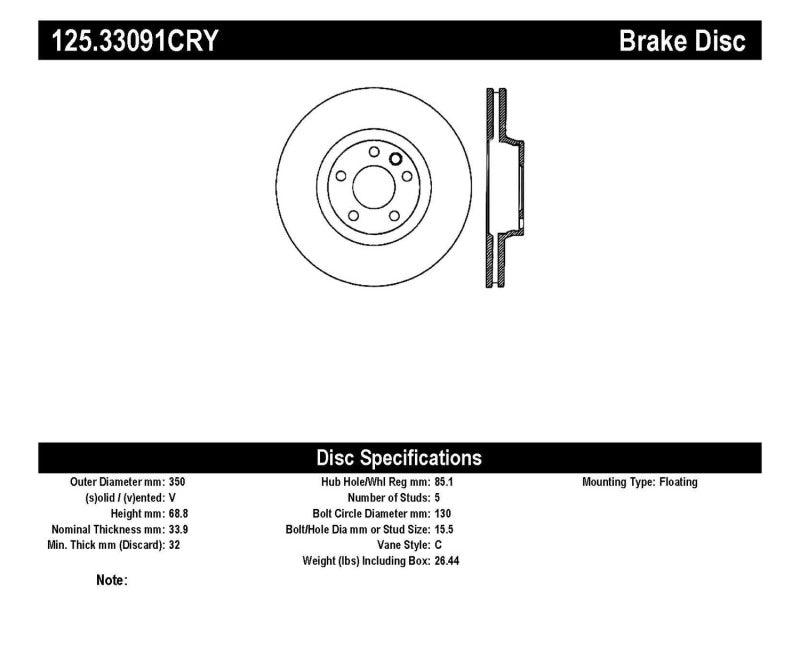 Centric Premium 03-18 Porsche Cayenne Front Right CRYO-STOP Rotor Stoptech