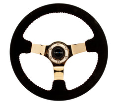 NRG Reinforced Sport Steering Wheel 350mm 3 Inch Deep black Suede with red Baseball Stitching Chrome Gold Spoke - eliteracefab.com